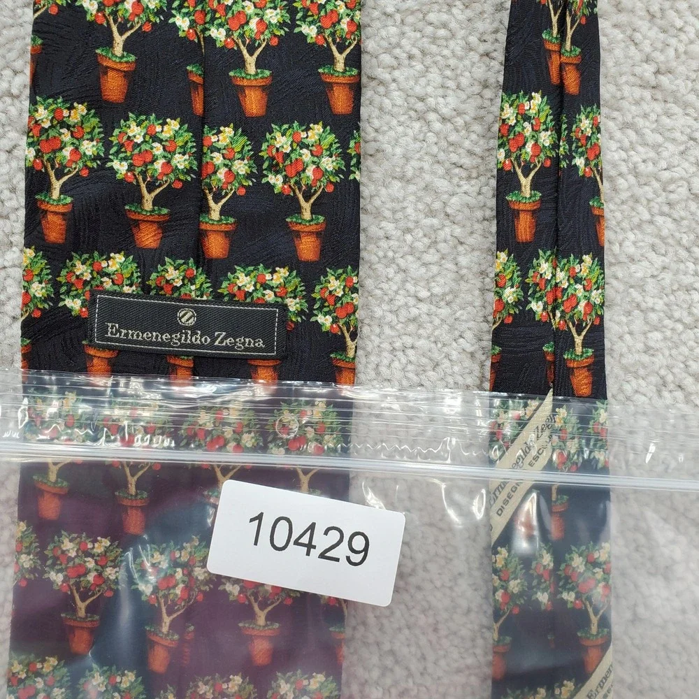 Ermenegildo Zegna Silk Necktie Mens One Size Multicolor Fruit Tree Print Novelty
